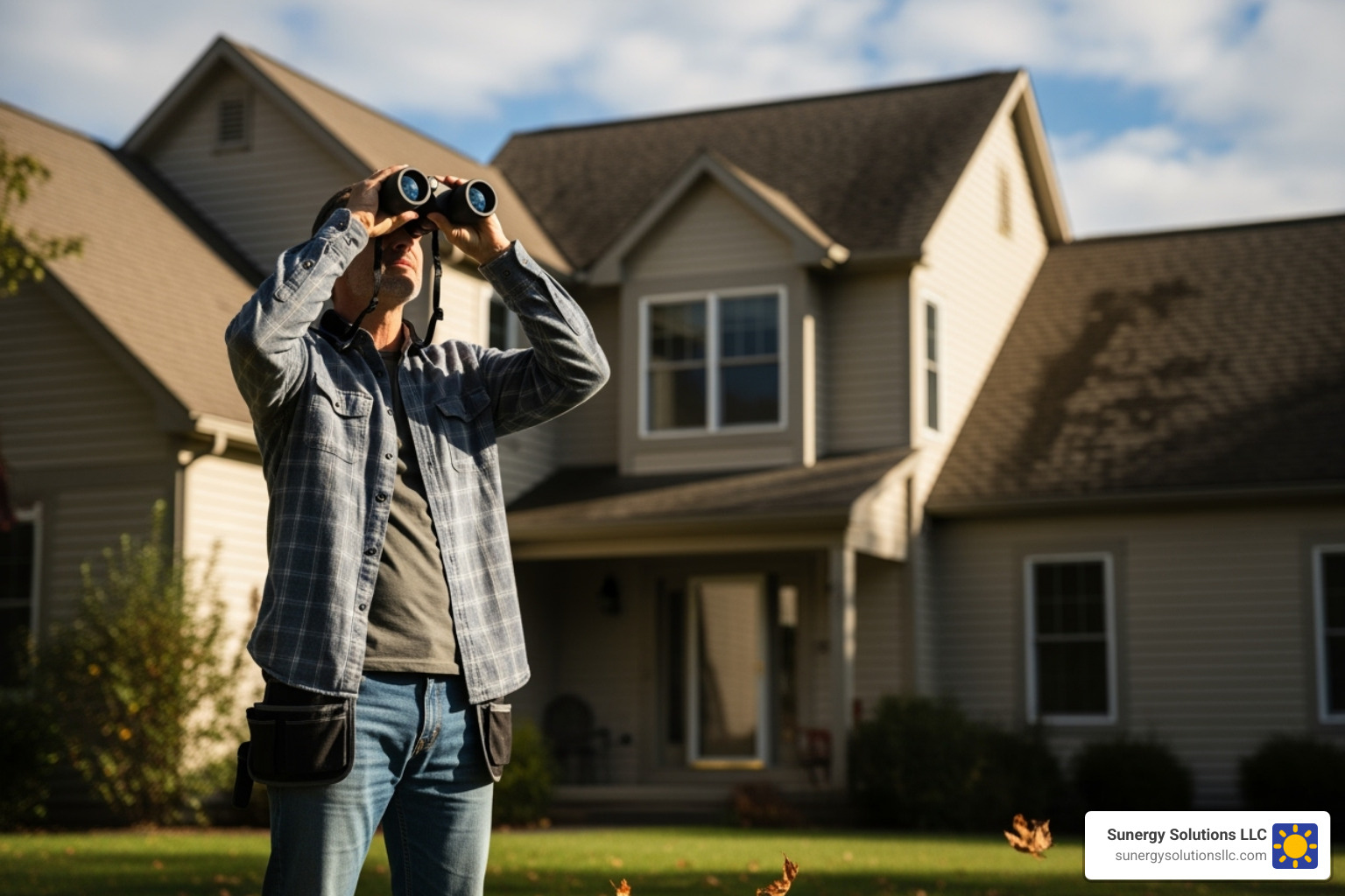 A homeowner inspecting their roof from the ground with binoculars, looking for signs of damage - residential roofing contractors near me