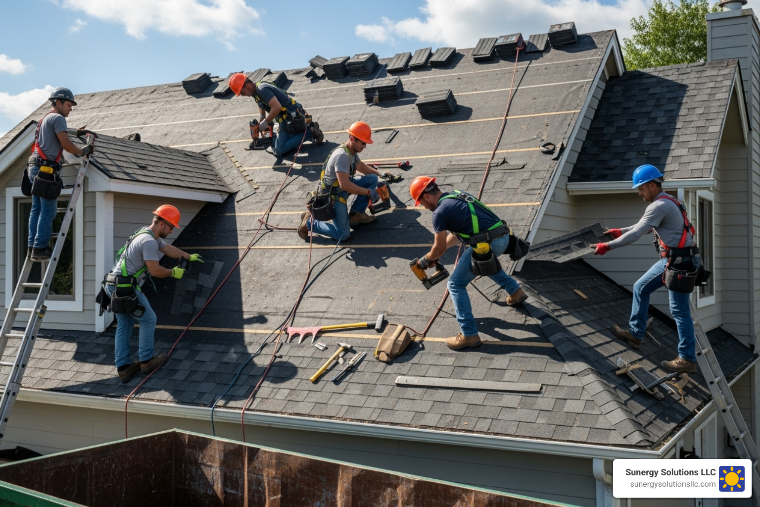 A roofing crew safely working on a residential roof replacement, wearing hard hats and safety harnesses - residential roofing contractors near me