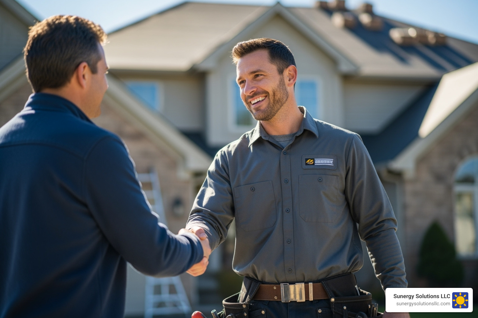 A friendly, professional roofer in uniform shaking hands with a homeowner on a sunny day in front of a house - residential roofing contractors near me