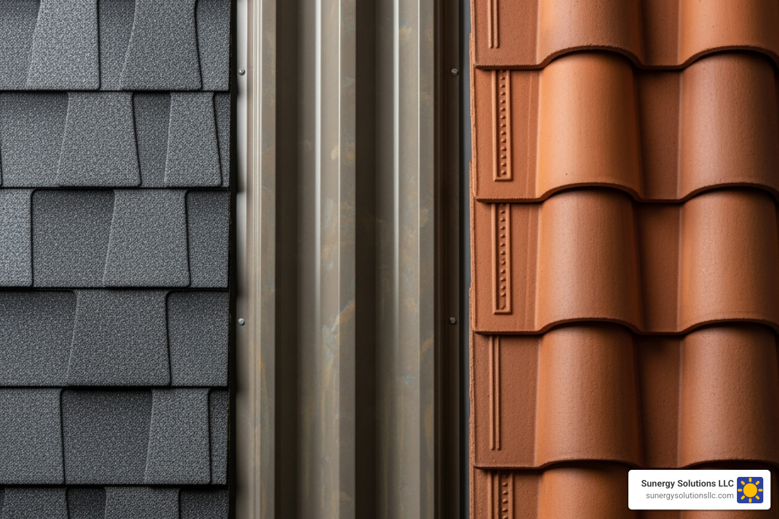Various roofing material samples including asphalt shingles, metal panels, and clay tiles - residential roofing contractors near me