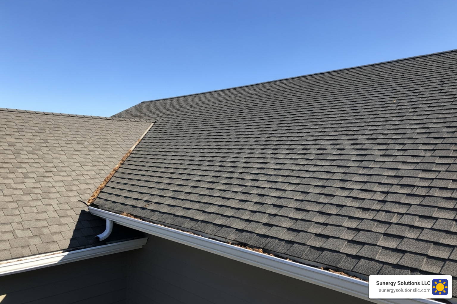 A clean, well-maintained roof and gutters on a sunny day with blue skies - residential roofing contractors near me