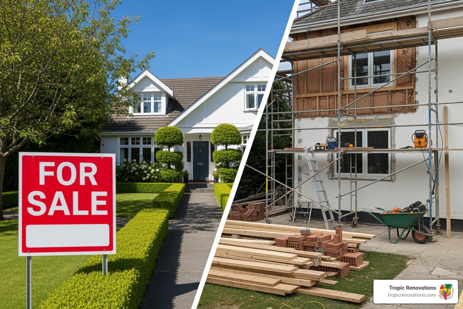 image comparing a "For Sale" sign with a home undergoing renovation, implying a choice between moving and improving - Are renovations worth it?