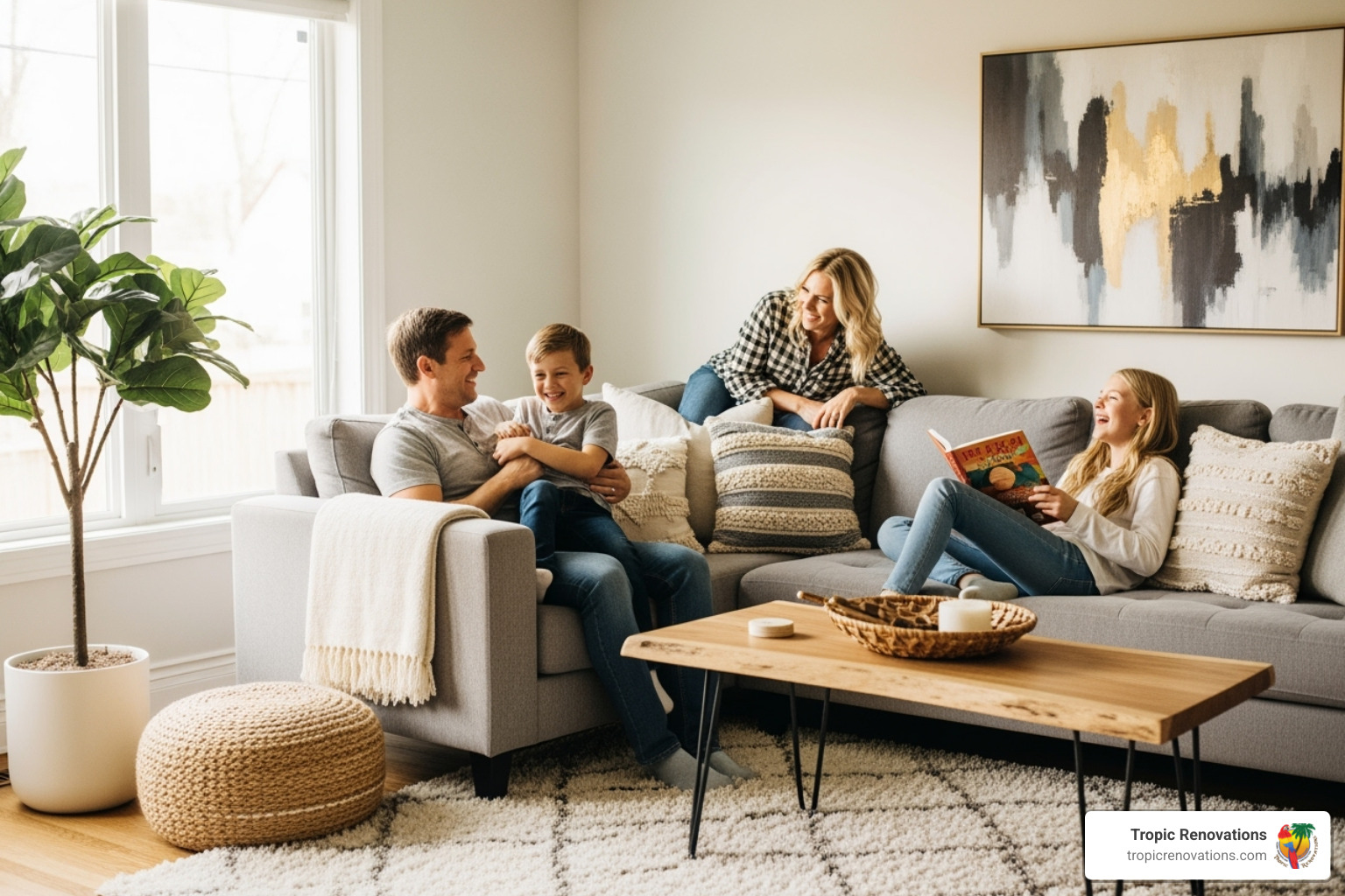 image of a family enjoying their newly renovated living area, laughing and relaxing - Are renovations worth it?