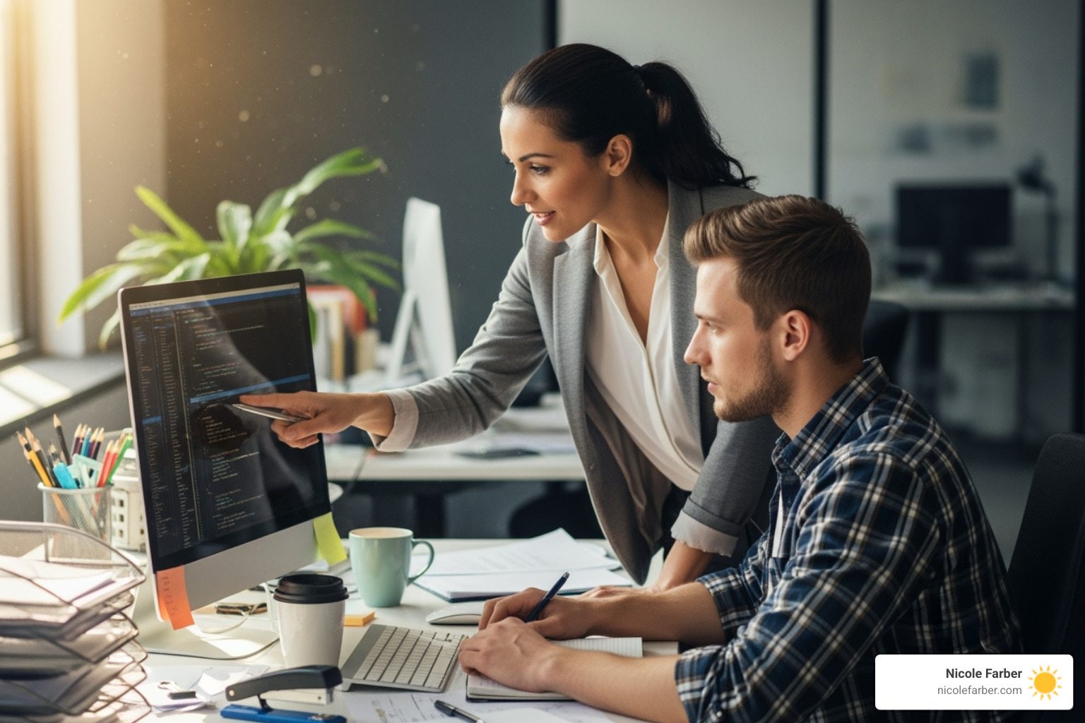 a person mentoring a junior colleague at a desk - how to become a good leader in workplace