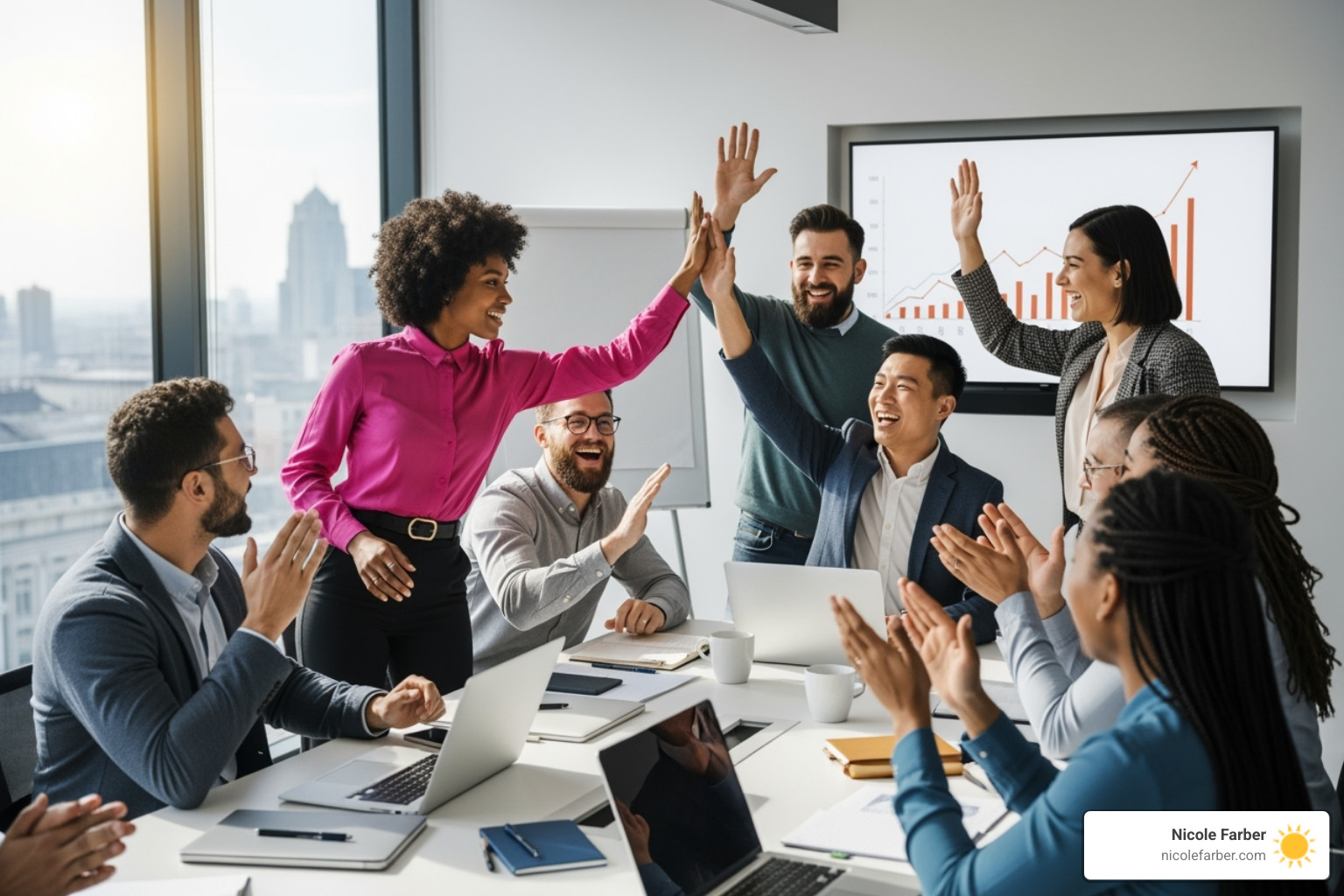 a diverse team celebrating a success in a meeting room - how to become a good leader in workplace