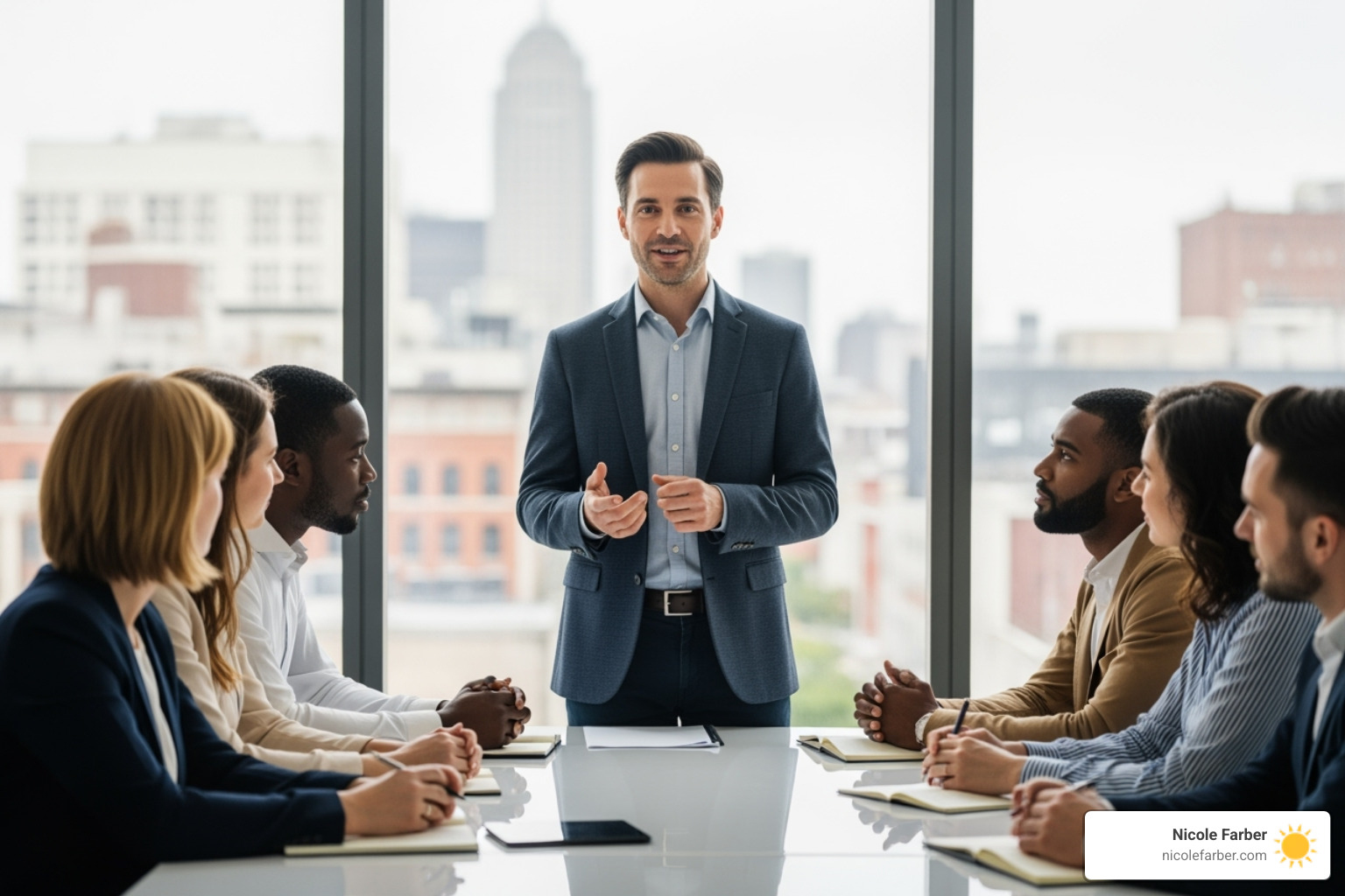 a person confidently speaking to an engaged small group - how to become a good leader in workplace