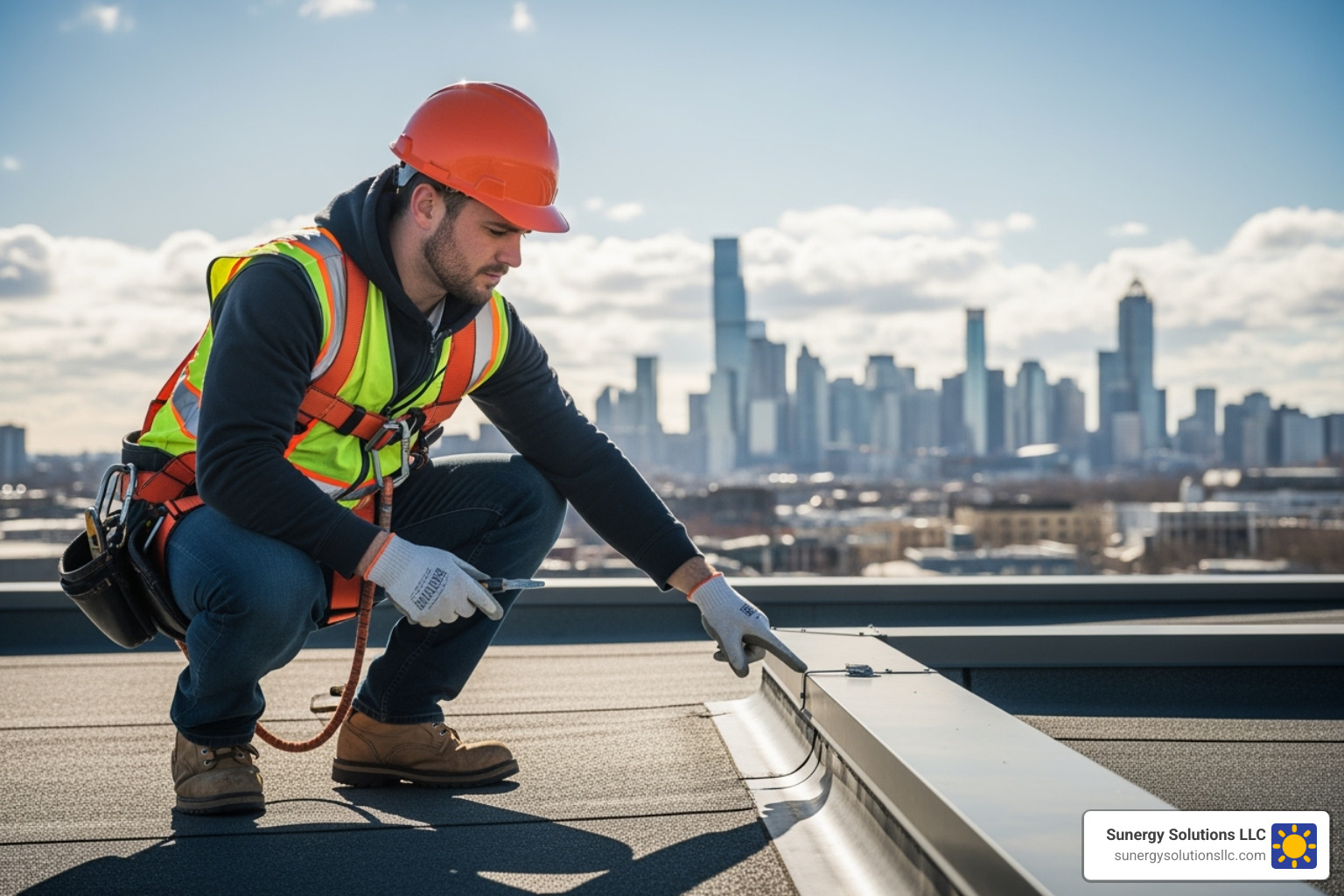 certified roofer in full safety gear inspecting a flat commercial roof in a US city - Professional roof repair certified roofer in full safety gear inspecting a flat commercial roof in a US city - Professional roof repair