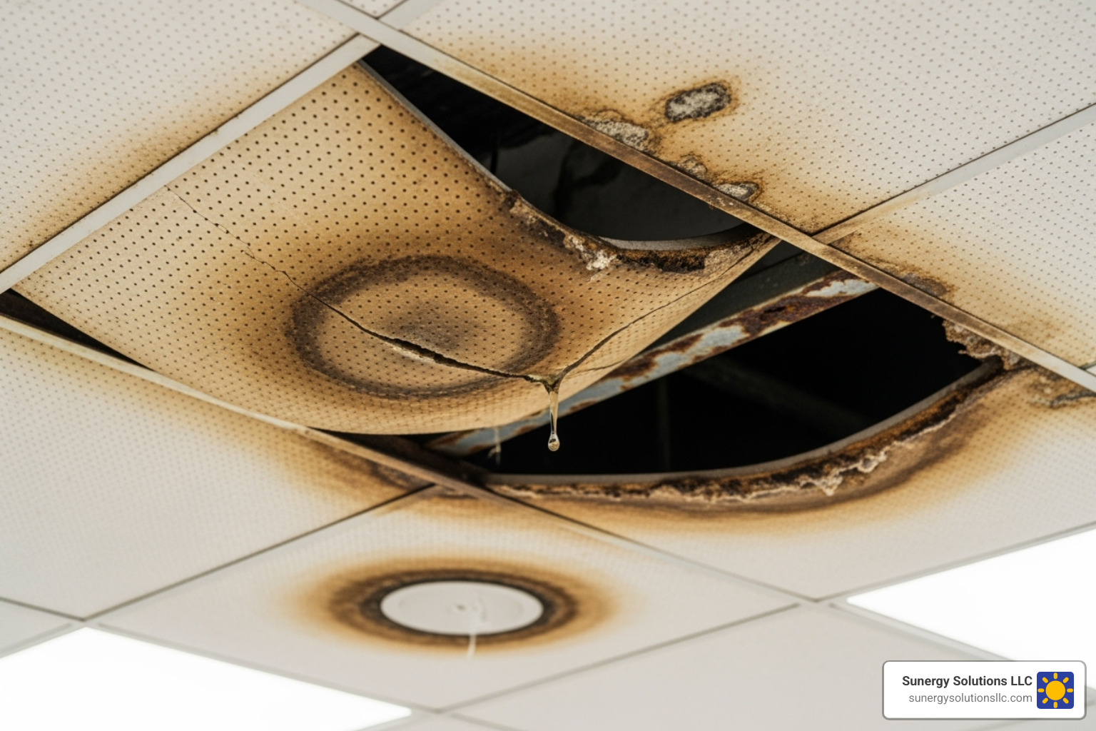 water staining on the ceiling of a commercial warehouse or office - Professional roof repair water staining on the ceiling of a commercial warehouse or office - Professional roof repair