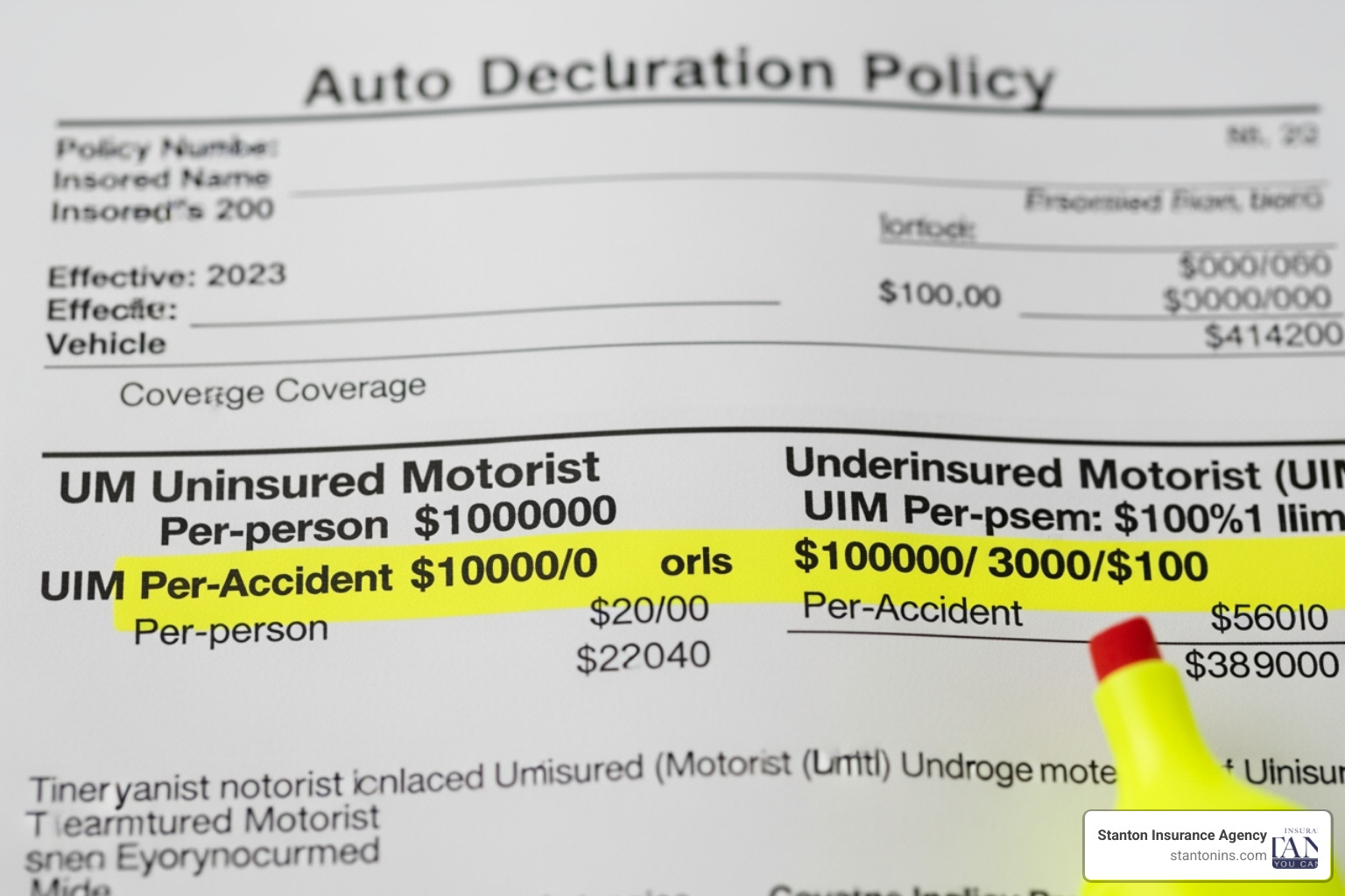 auto insurance policy declaration page with UM/UIM section highlighted - um insurance meaning