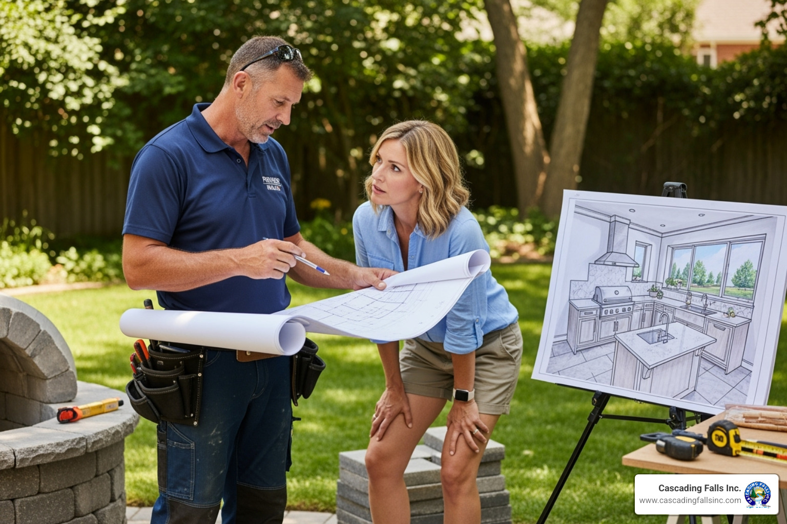professional builder reviewing plans with a homeowner in their backyard - outdoor kitchen builders near me professional builder reviewing plans with a homeowner in their backyard - outdoor kitchen builders near me