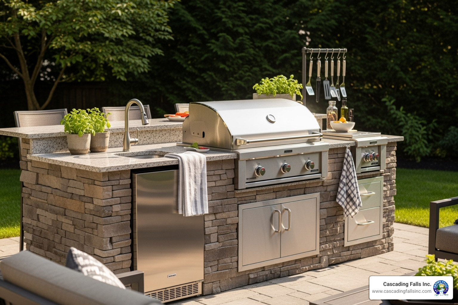 well-equipped outdoor kitchen island showing a built-in grill, sink, and refrigerator - outdoor kitchen builders near me well-equipped outdoor kitchen island showing a built-in grill, sink, and refrigerator - outdoor kitchen builders near me