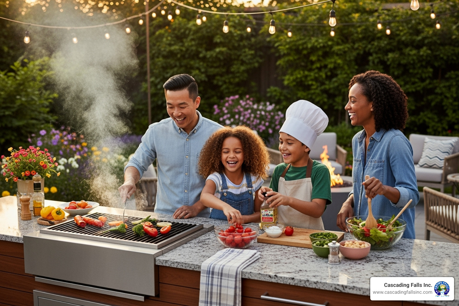 family laughing and cooking together in their outdoor kitchen - outdoor kitchen builders near me family laughing and cooking together in their outdoor kitchen - outdoor kitchen builders near me