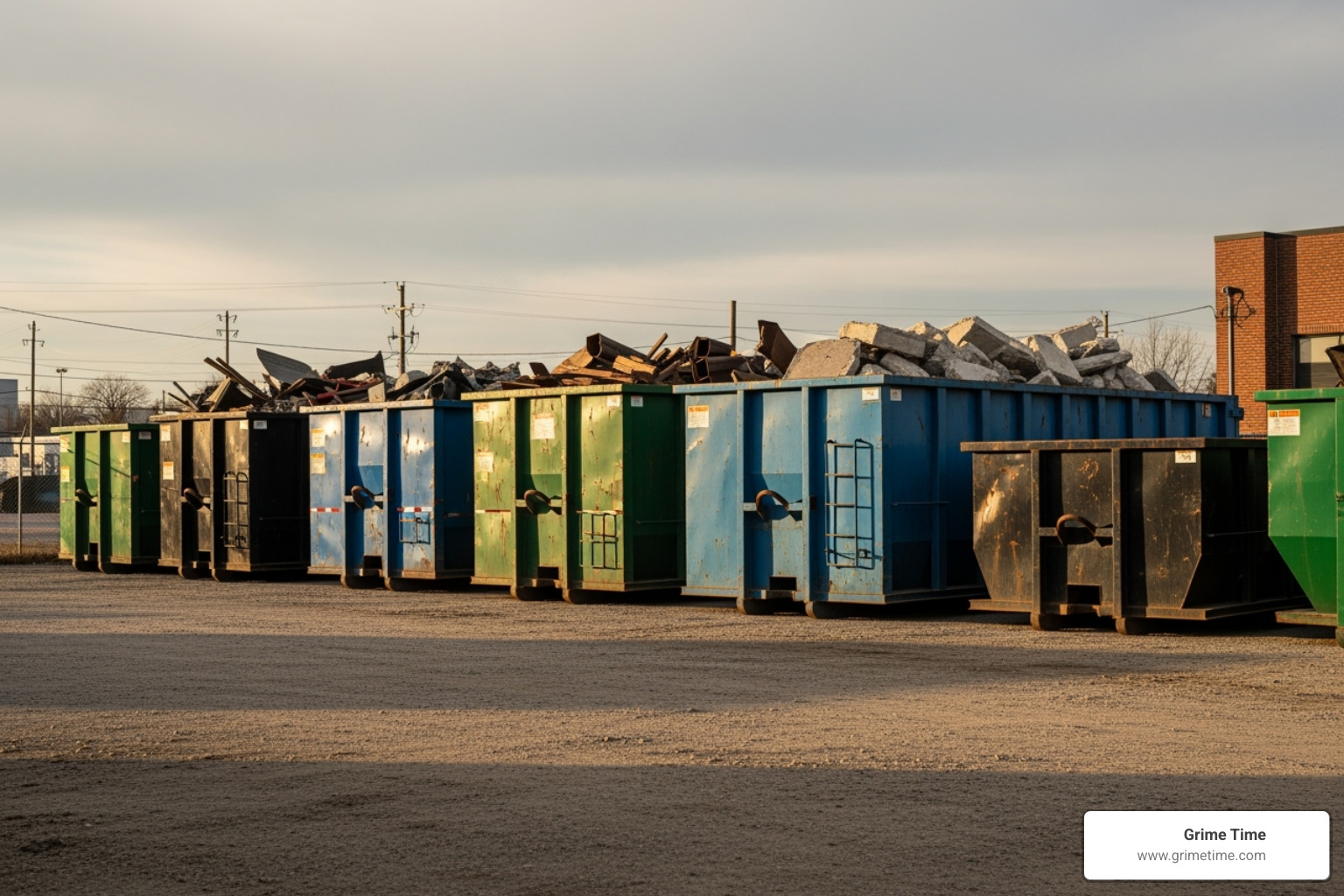 different sized roll-off dumpsters lined up - dumpster rental san marcos ca