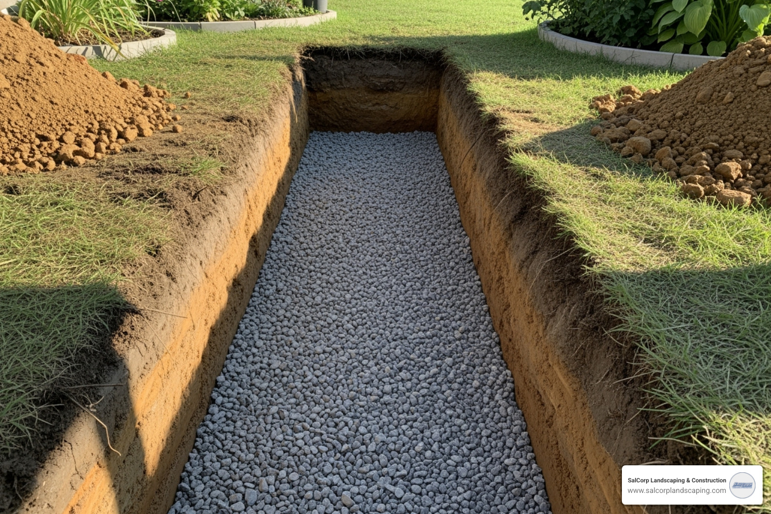 prepared trench with a compacted gravel base for stairs - patio stone stairs