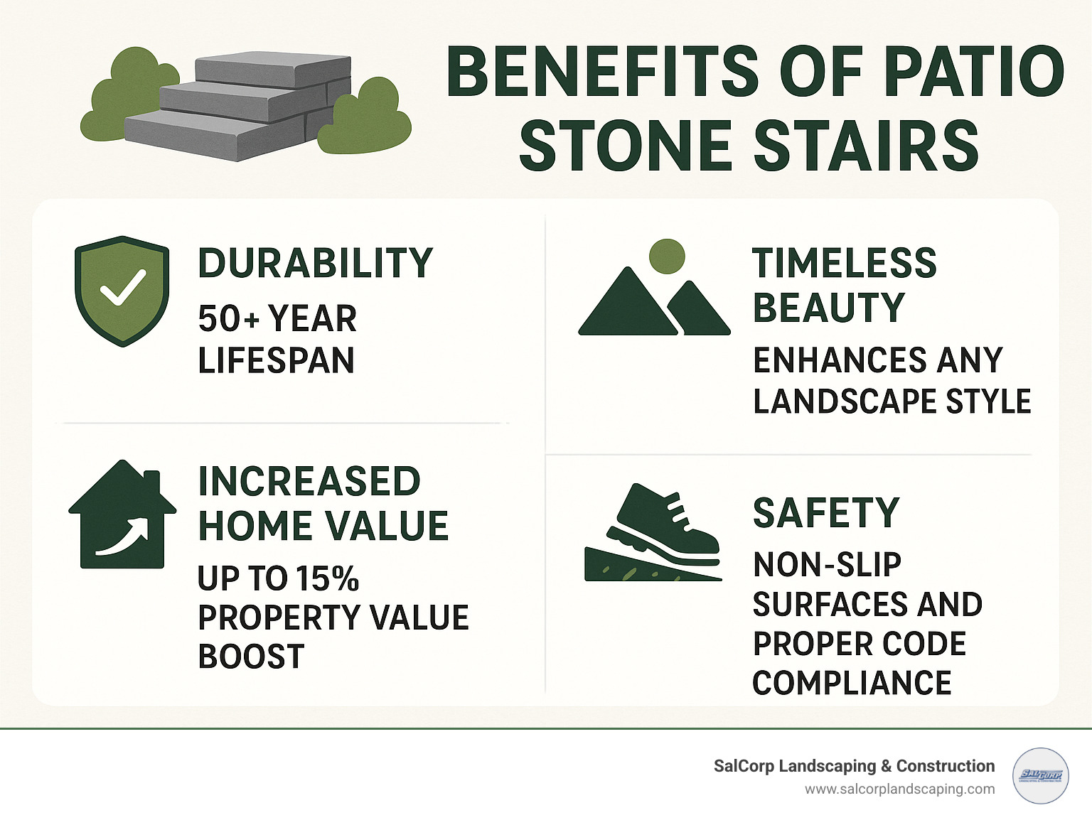 Infographic showing the key benefits of patio stone stairs: Durability with 50+ year lifespan, Timeless Beauty that improves any landscape style, Increased Home Value with up to 15% property value boost, and Safety features including non-slip surfaces and proper code compliance - patio stone stairs infographic 