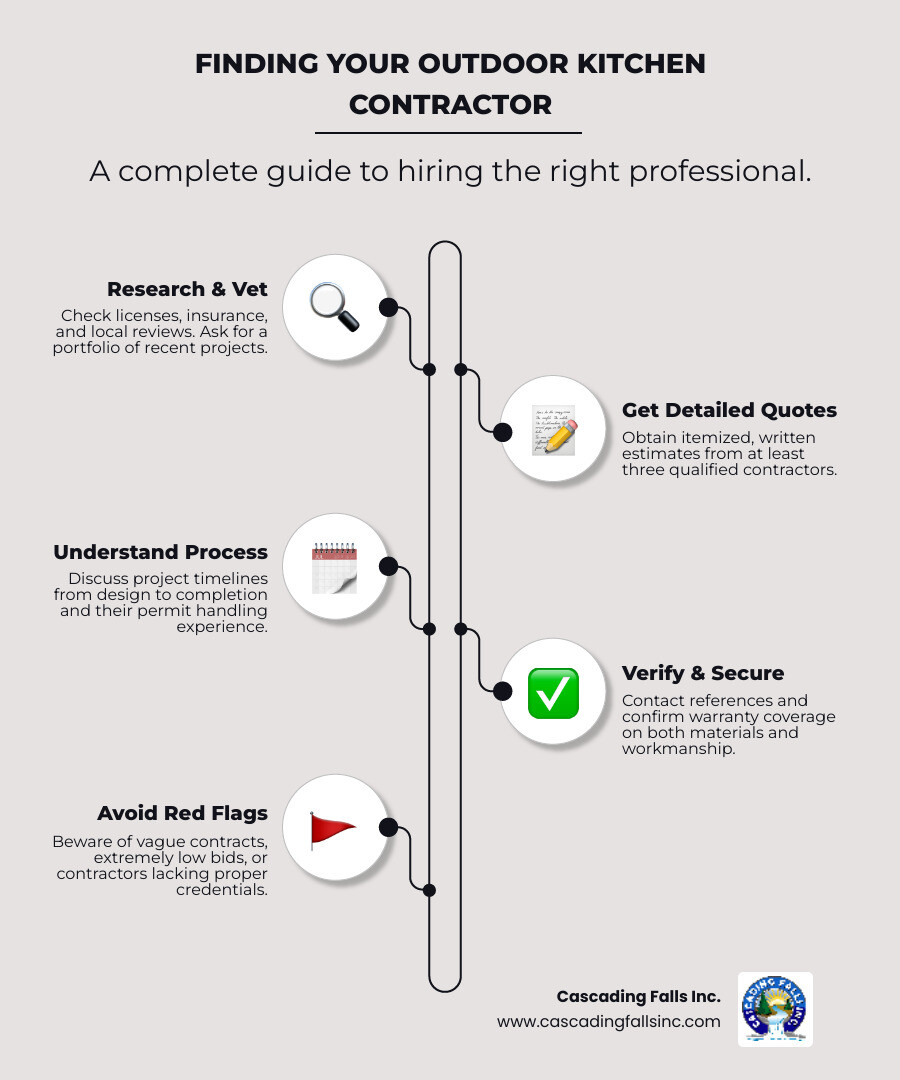 Infographic showing the complete process of finding and hiring outdoor kitchen contractors, including steps for research and vetting (checking licenses, insurance, and reviews), getting quotes and comparing proposals, understanding project timelines from design to completion, and key red flags to avoid when selecting contractors - outdoor kitchen contractors near me infographic infographic-line-5-steps-neat_beige Infographic showing the complete process of finding and hiring outdoor kitchen contractors, including steps for research and vetting (checking licenses, insurance, and reviews), getting quotes and comparing proposals, understanding project timelines from design to completion, and key red flags to avoid when selecting contractors - outdoor kitchen contractors near me infographic infographic-line-5-steps-neat_beige