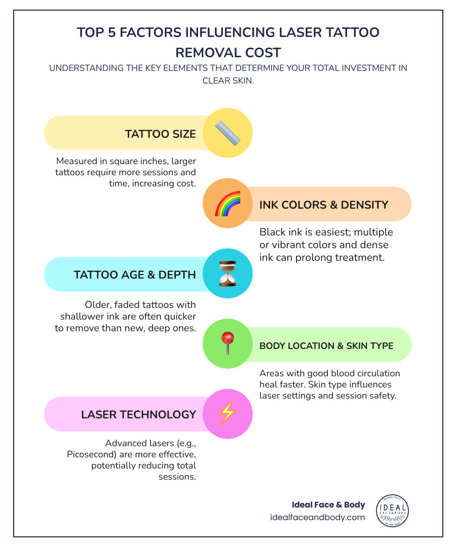 Infographic showing the top 5 factors that influence laser tattoo removal cost: tattoo size measured in square inches, number of ink colors used, tattoo age and ink depth, body location and skin type, and laser technology type used - Laser tattoo removal prices infographic infographic-line-5-steps-colors