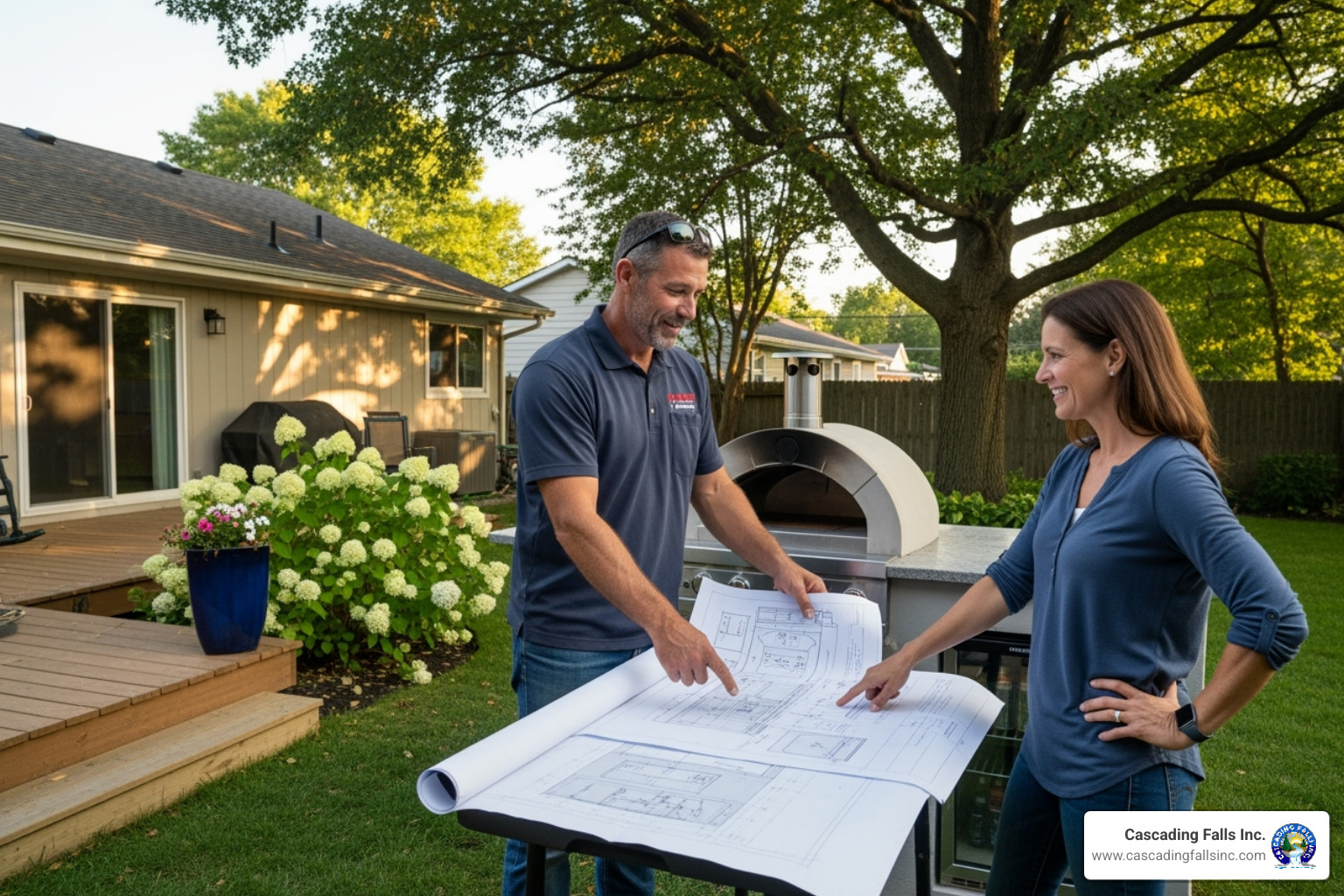 contractor discussing plans with homeowner - outdoor kitchen contractors near me contractor discussing plans with homeowner - outdoor kitchen contractors near me