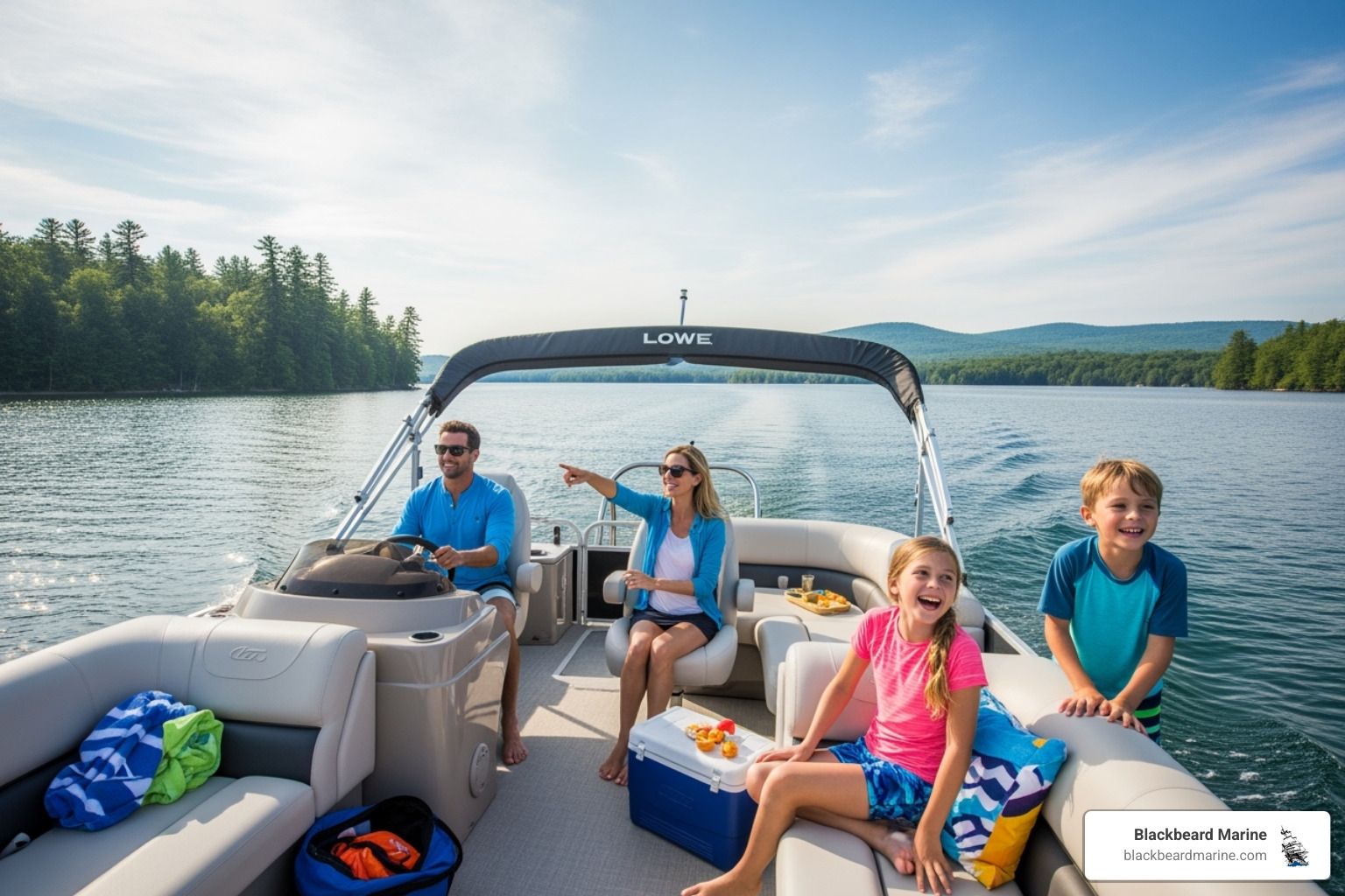 Family enjoying a Lowe pontoon boat - boat sales in oklahoma