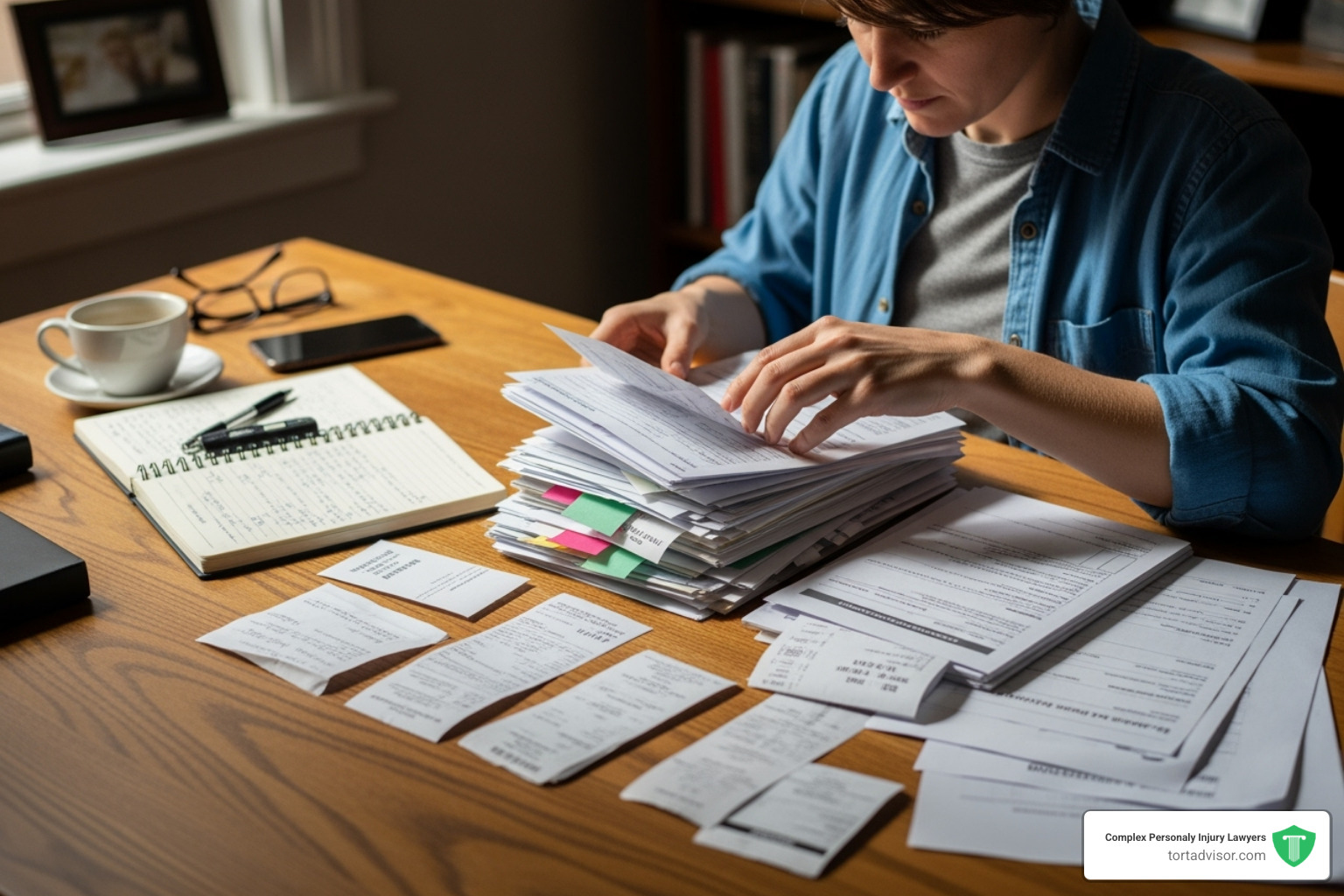 a person organizing medical records and receipts on a desk - Depo Provera lawsuit criteria