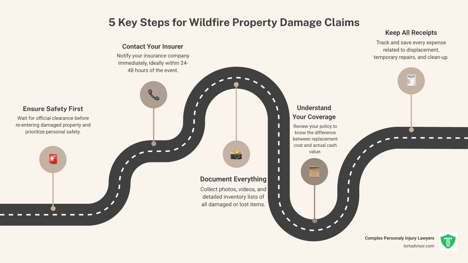 Comprehensive infographic showing the 5 essential steps to filing a successful wildfire property damage claim: Step 1 shows a safety helmet and phone representing immediate safety protocols and insurer contact, Step 2 displays a magnifying glass over policy documents for understanding coverage, Step 3 features a camera and checklist for thorough documentation, Step 4 shows a calculator and receipts for tracking all expenses, and Step 5 depicts a handshake representing working with professionals when needed - wildfire property damage claim infographic roadmap-5-steps