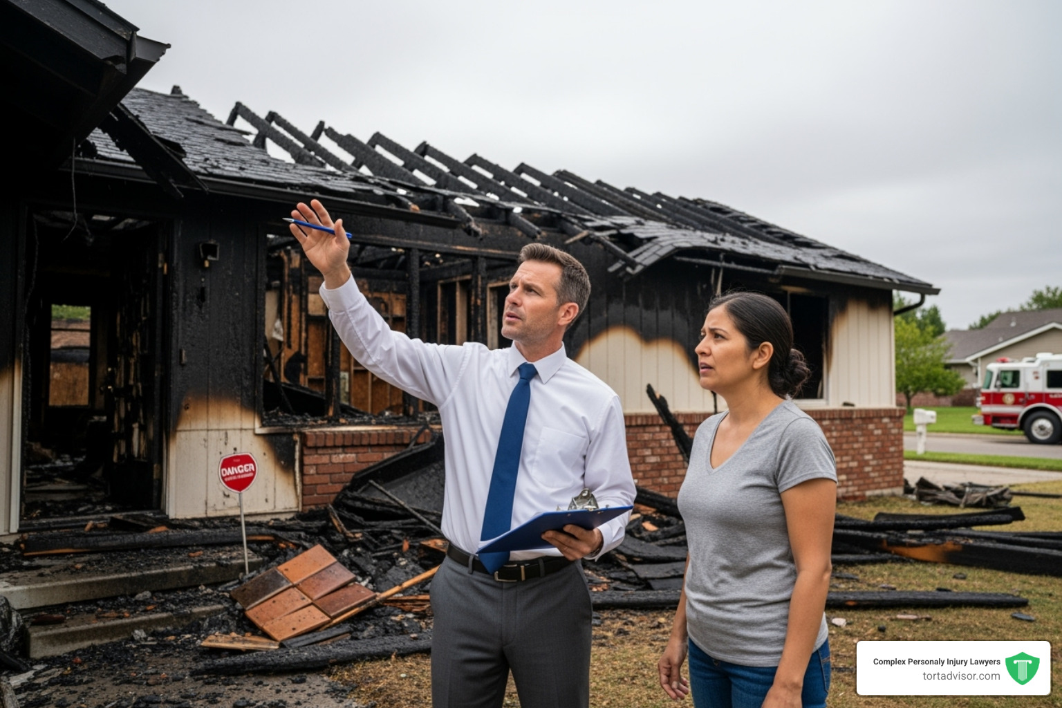 claims adjuster inspecting a fire-damaged property with the homeowner - wildfire property damage claim