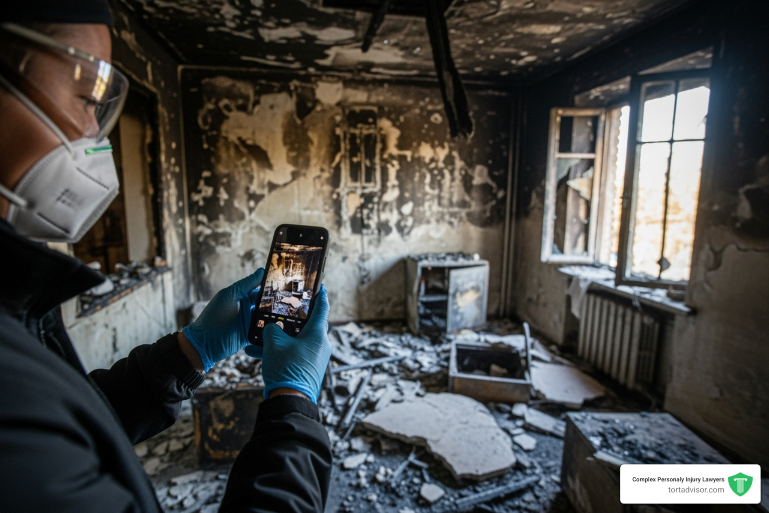homeowner taking photos of a damaged room with their smartphone - wildfire property damage claim