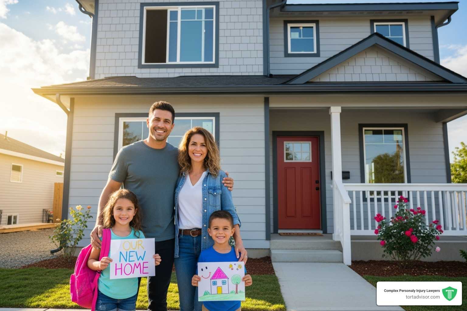 family standing in front of a newly rebuilt home - wildfire property damage claim