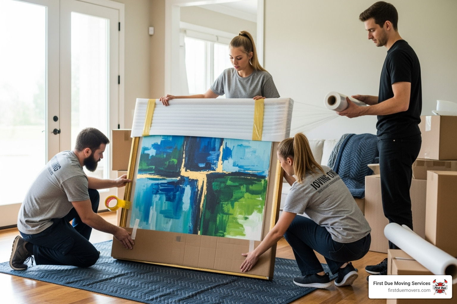movers carefully wrapping a large piece of art - moving company seattle movers carefully wrapping a large piece of art - moving company seattle