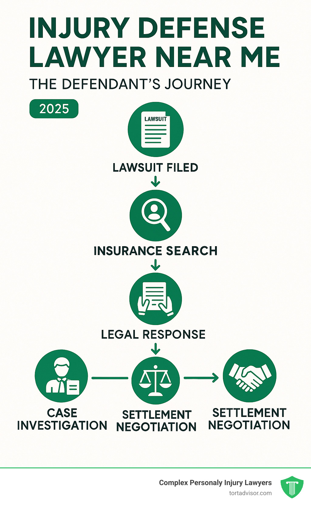 Infographic showing the defendant's journey: Lawsuit Filed → Insurance Contact → Attorney Search → Legal Response → Case Investigation → Settlement Negotiation → Trial or Resolution - injury defense lawyer near me infographic 