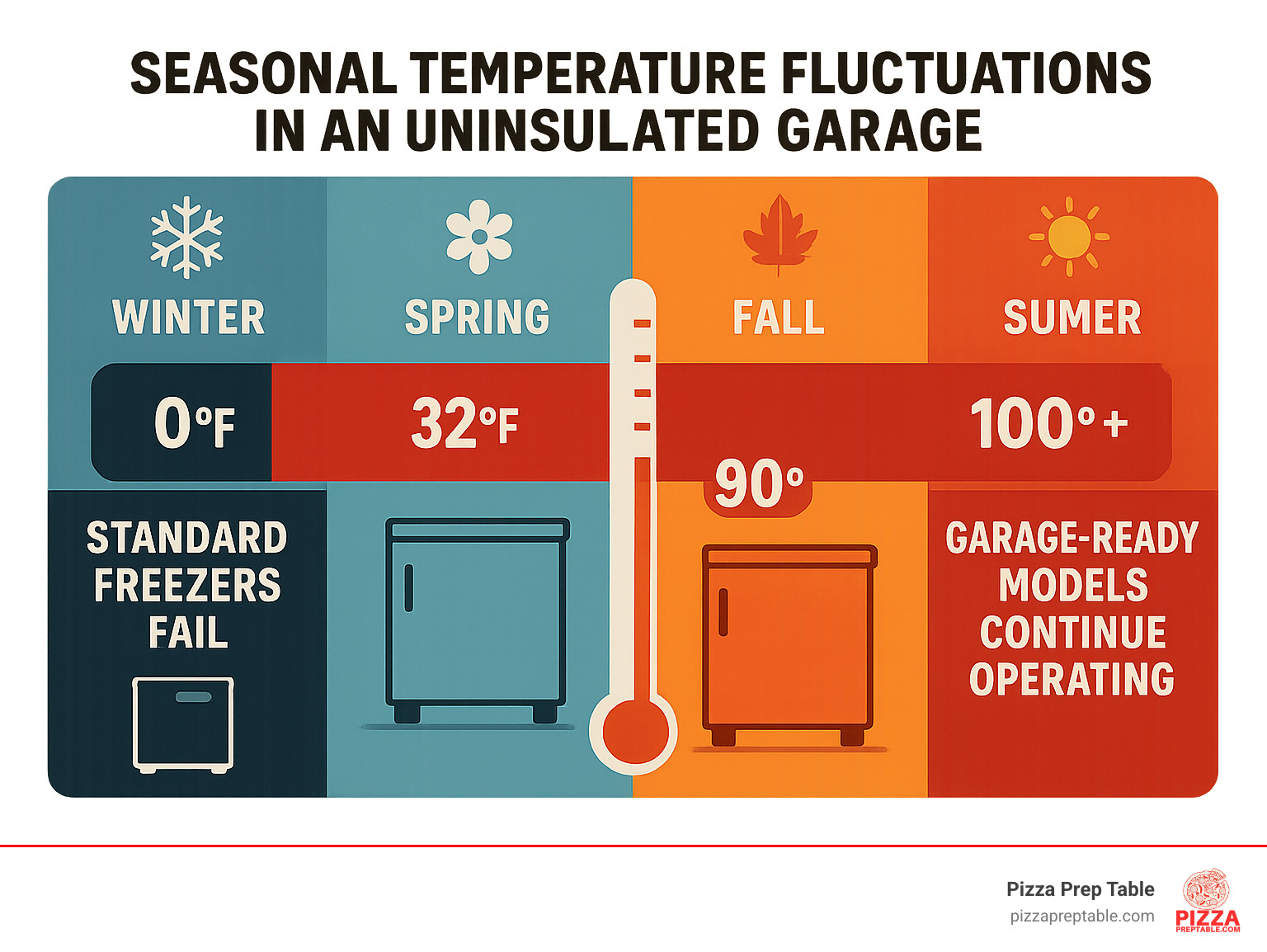 Infographic showing seasonal temperature fluctuations in a typical uninsulated garage, ranging from below freezing in winter to over 100°F in summer, with highlighted zones where standard freezers fail versus garage-ready models continue operating - under counter freezer for garage infographic  Infographic showing seasonal temperature fluctuations in a typical uninsulated garage, ranging from below freezing in winter to over 100°F in summer, with highlighted zones where standard freezers fail versus garage-ready models continue operating - under counter freezer for garage infographic