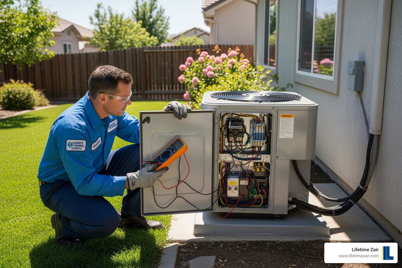 a technician inspecting an outdoor AC unit - dallas hvac companies