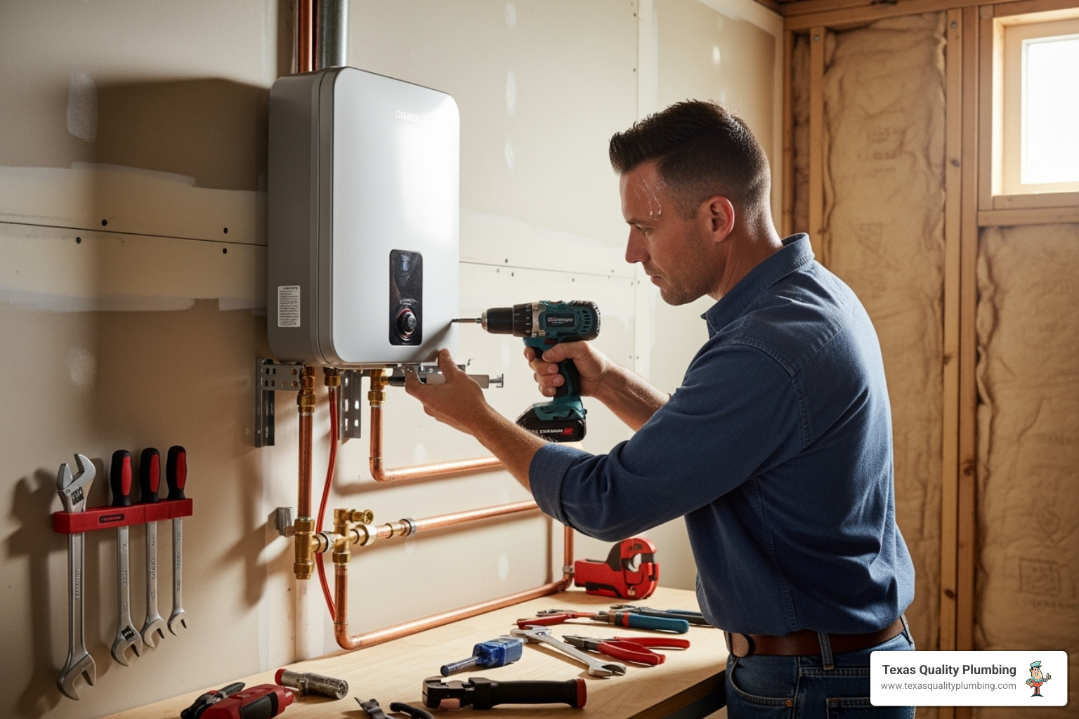 plumber mounting a tankless unit - tankless heater install