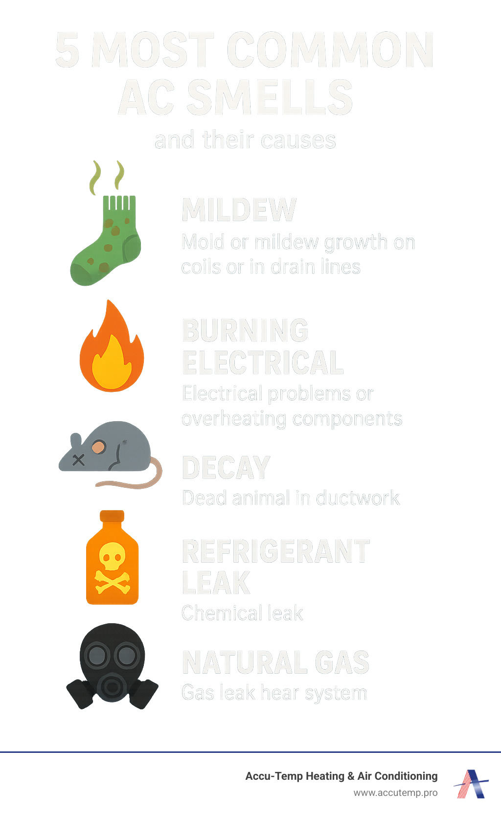 Infographic showing 5 most common AC smells with icons: moldy sock for mildew, flame for burning electrical, dead mouse for decay, chemical bottle for refrigerant leak, and gas mask for natural gas, each with brief cause descriptions - Air conditioner smells bad infographic Infographic showing 5 most common AC smells with icons: moldy sock for mildew, flame for burning electrical, dead mouse for decay, chemical bottle for refrigerant leak, and gas mask for natural gas, each with brief cause descriptions - Air conditioner smells bad infographic