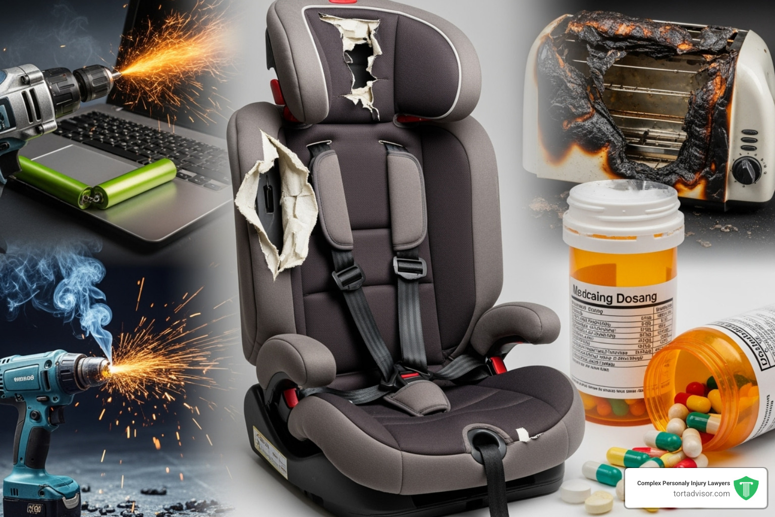collage of dangerous products like a recalled car seat, a faulty power tool, and a mislabeled medicine bottle - atlanta product liability attorney