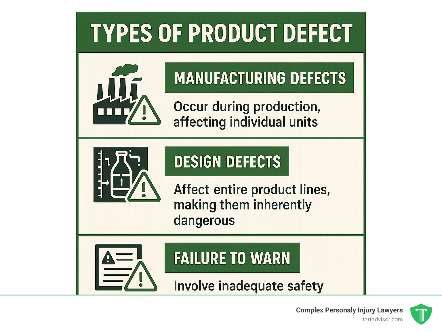Infographic showing the three main types of product defects: Manufacturing defects occur during production affecting individual units, Design defects affect entire product lines making them inherently dangerous, and Failure to warn defects involve inadequate safety instructions or hazard warnings on otherwise safe products - atlanta product liability attorney infographic 