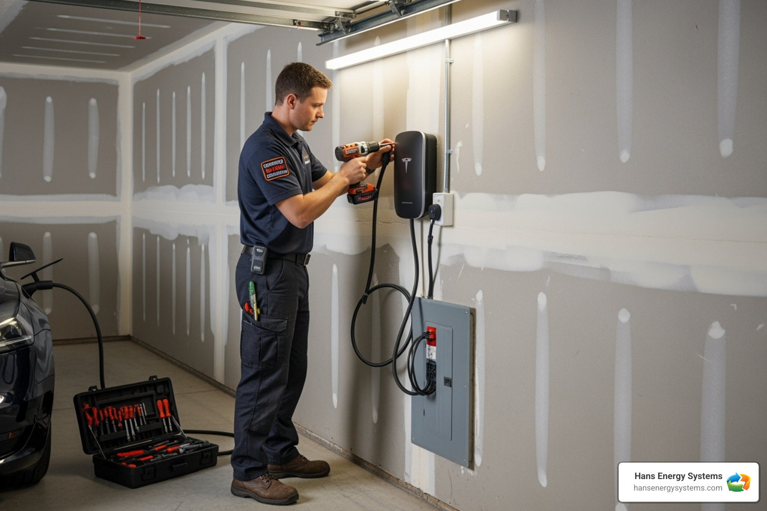 Qualified electrician installing a Tesla Wall Connector - wall mount tesla charger Qualified electrician installing a Tesla Wall Connector - wall mount tesla charger