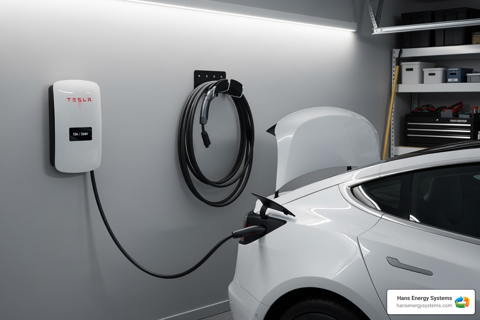 Well-organized Tesla charging setup with cable holder - wall mount tesla charger Well-organized Tesla charging setup with cable holder - wall mount tesla charger