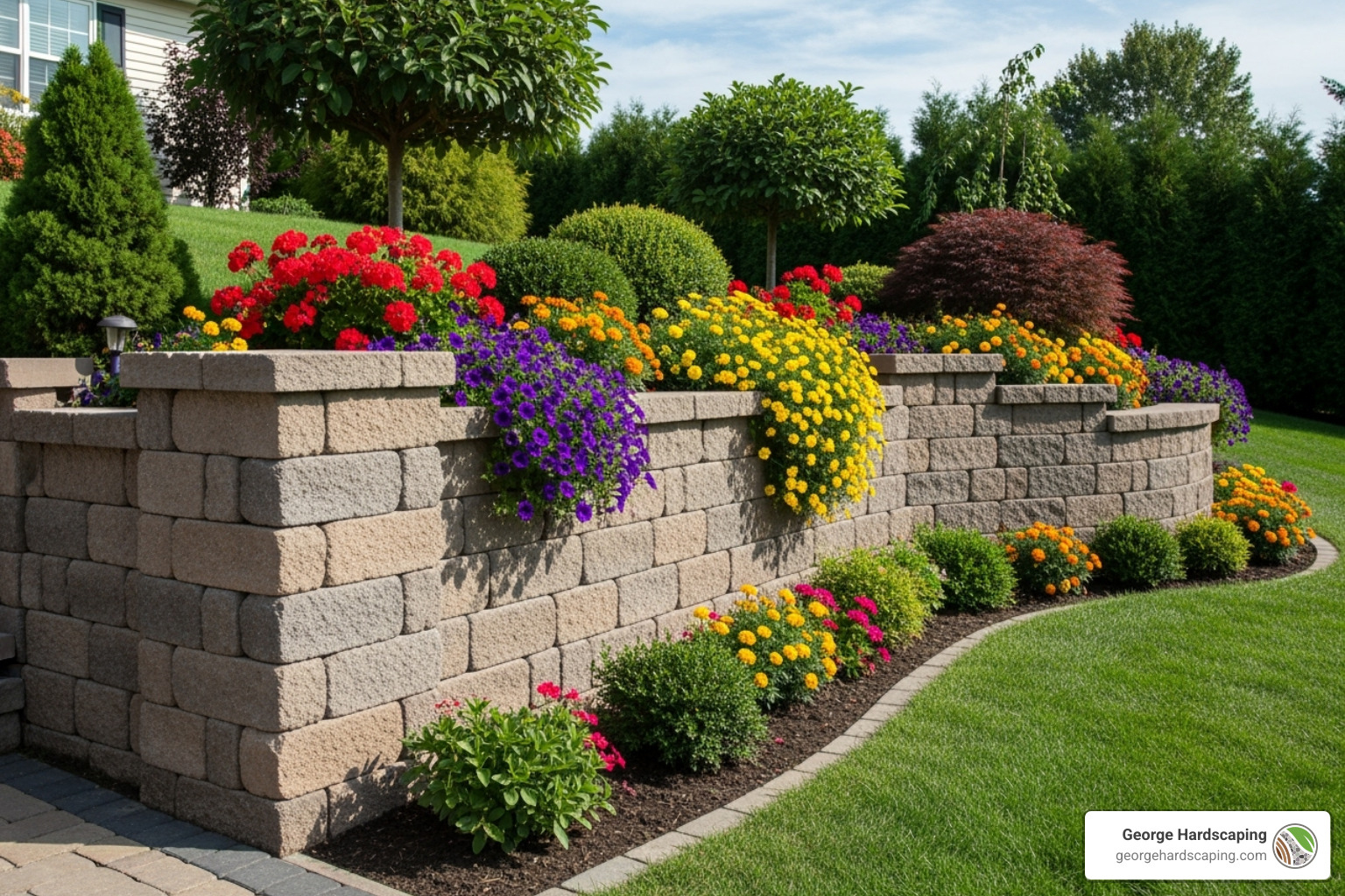 completed, beautiful concrete block retaining wall with lush landscaping and increased curb appeal - replace railroad tie retaining wall