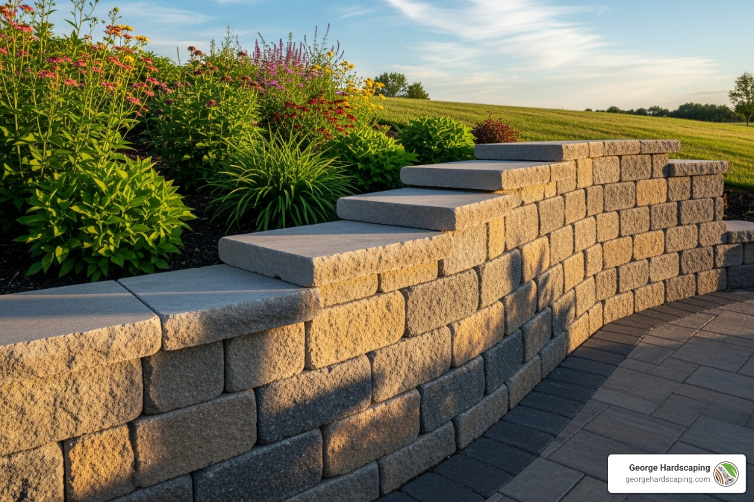 modern segmental retaining wall blocks in various colors and textures - replace railroad tie retaining wall