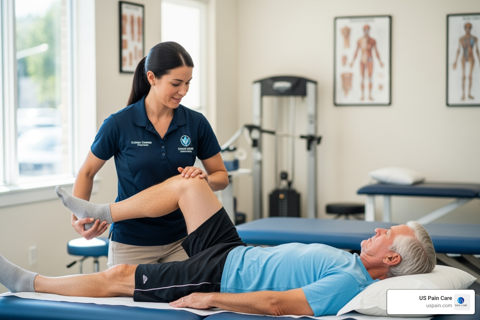 A physical therapist gently guiding a patient through a stretching exercise, demonstrating hands-on care. - holistic pain management providers