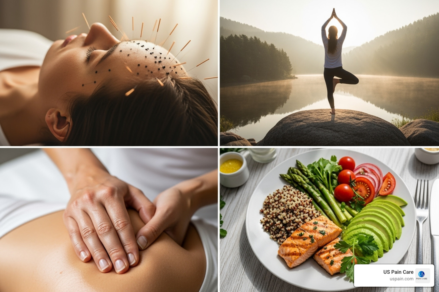 A collage of images showing various holistic therapies including a person receiving acupuncture, someone doing yoga in a peaceful setting, a hand massaging a shoulder, and a healthy plate of food for nutritional counseling. - holistic pain management providers