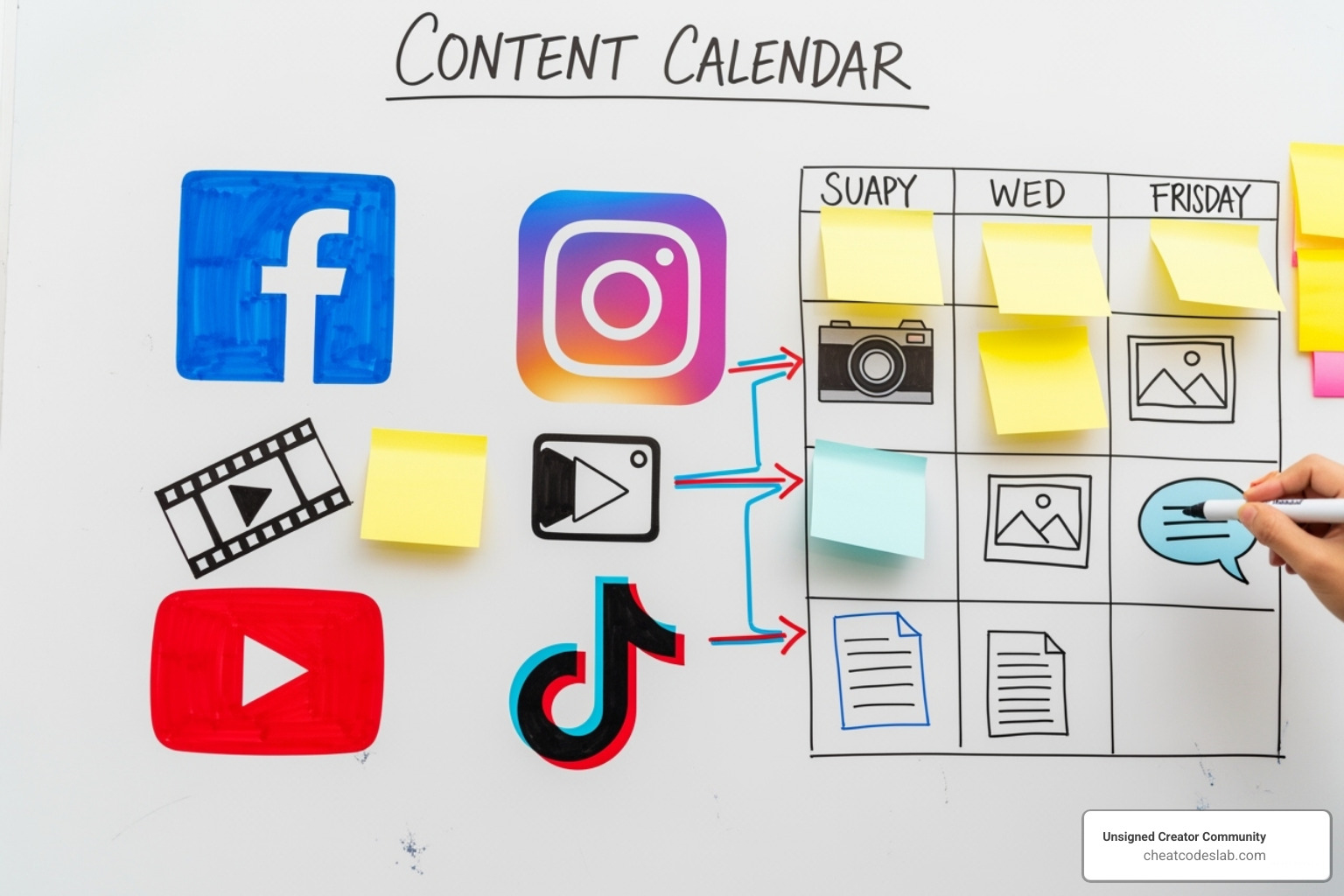 A content calendar being planned on a whiteboard, showing different social media platforms and content types - social networking agency