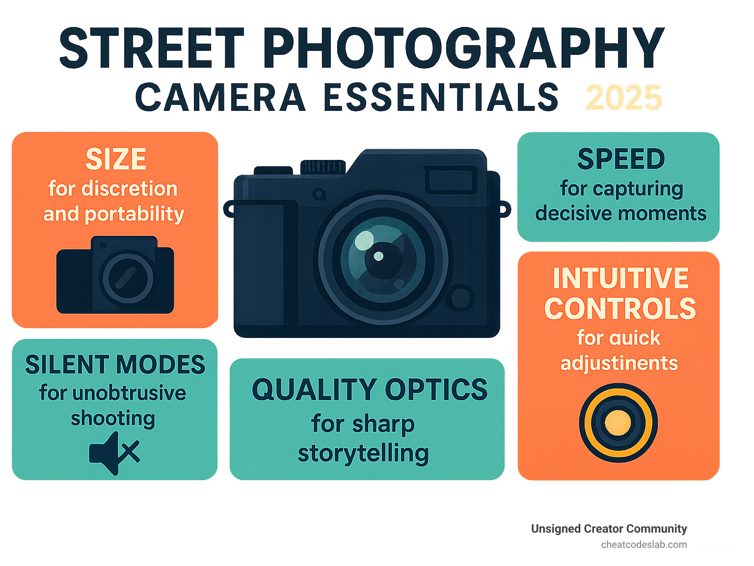 Street Photography Camera Essentials: Size for discretion and portability, Speed for capturing decisive moments, Silent modes for unobtrusive shooting, Intuitive controls for quick adjustments, Quality optics for sharp storytelling - Best camera for street infographic 