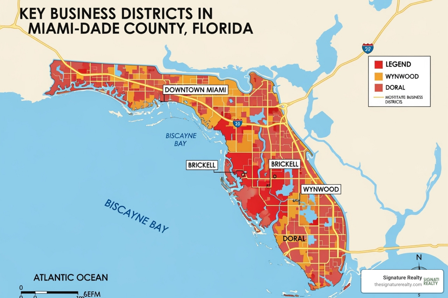 Map highlighting key business districts in Miami-Dade County like Downtown Miami, Brickell, Wynwood, and Doral - register business address Map highlighting key business districts in Miami-Dade County like Downtown Miami, Brickell, Wynwood, and Doral - register business address