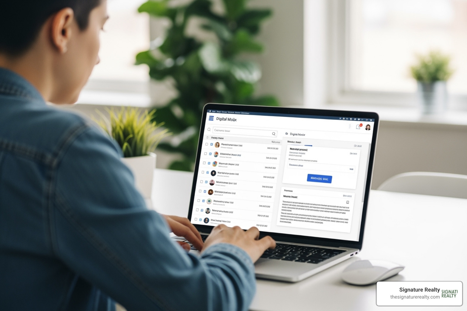 Person on a laptop managing their mail through a digital mailbox interface - register business address Person on a laptop managing their mail through a digital mailbox interface - register business address