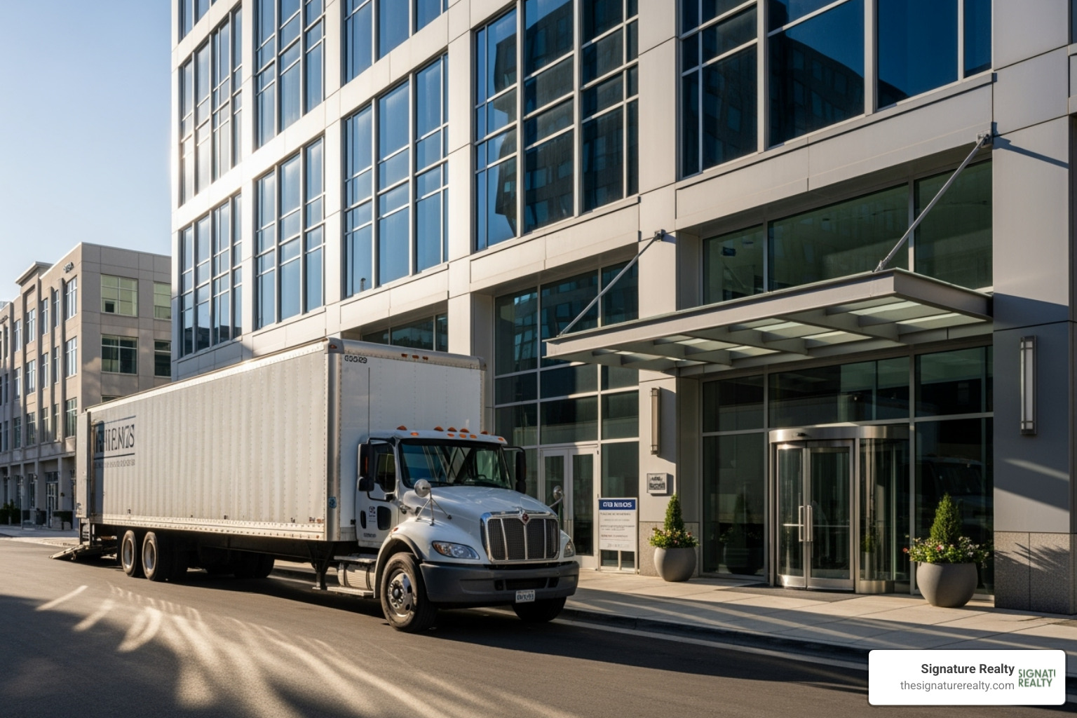 Moving truck in front of a commercial building - register business address Moving truck in front of a commercial building - register business address