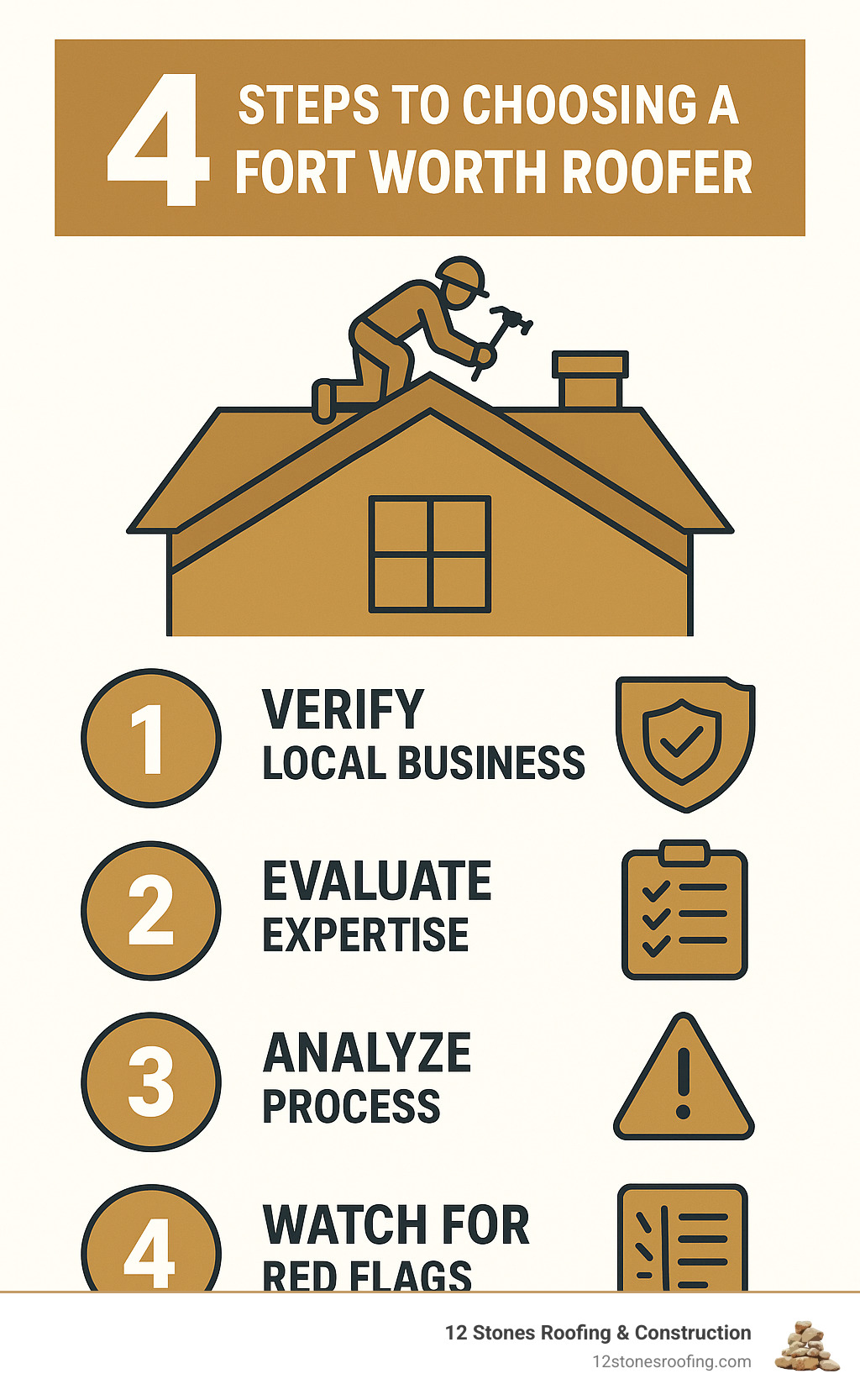 Infographic showing the 4 key steps to choosing a Fort Worth roofer: Step 1 - Verify they're a legitimate local business with proper licensing and insurance, Step 2 - Evaluate their roofing expertise and material quality including manufacturer certifications, Step 3 - Analyze their process from inspection to cleanup including insurance claim assistance, Step 4 - Watch for red flags like high-pressure sales tactics and requests for large upfront payments - fort worth tx roofer infographic pillar-4-steps