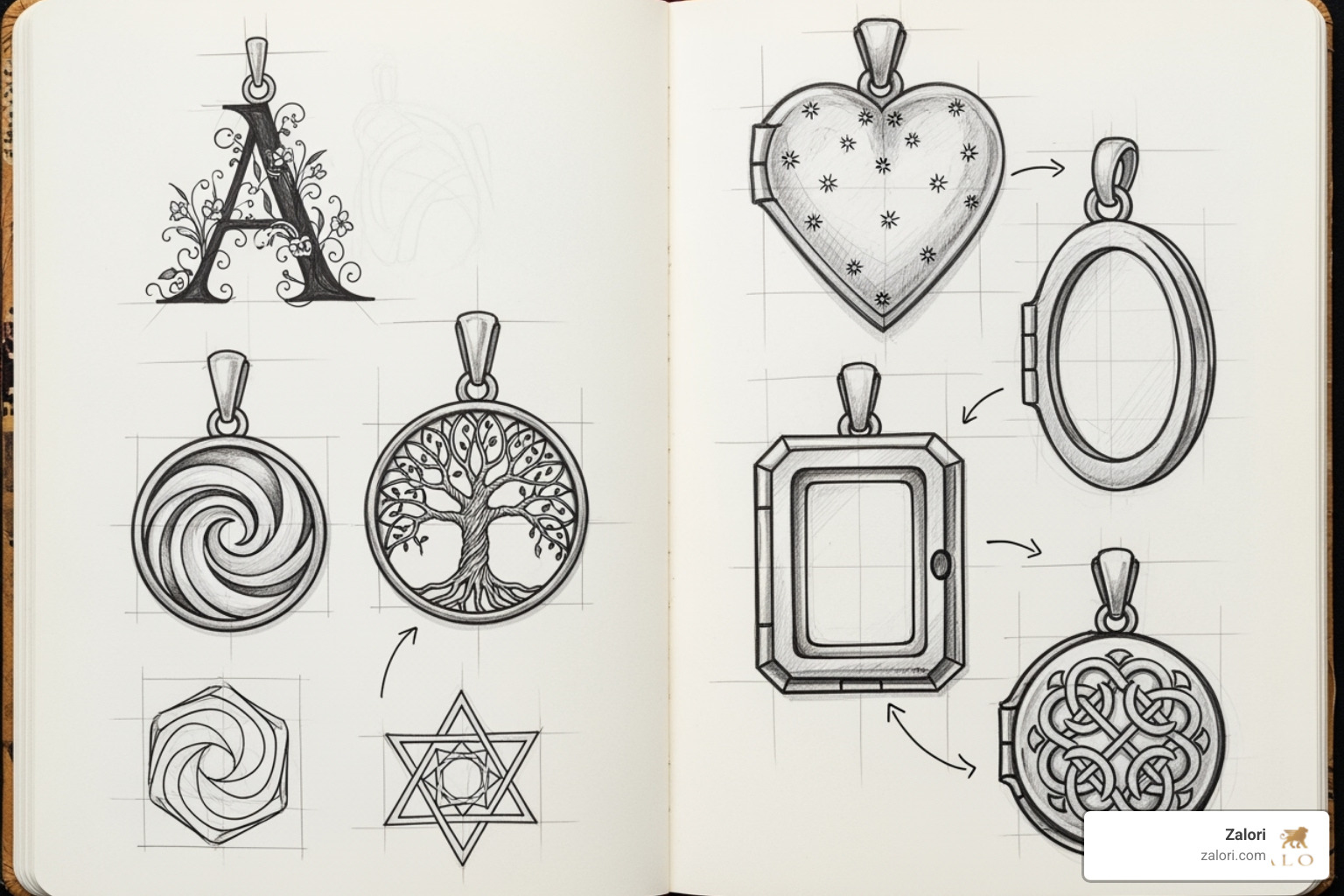 Design sketchbook showing various pendant concepts like initials, symbols, and lockets - Custom gold pendant Design sketchbook showing various pendant concepts like initials, symbols, and lockets - Custom gold pendant
