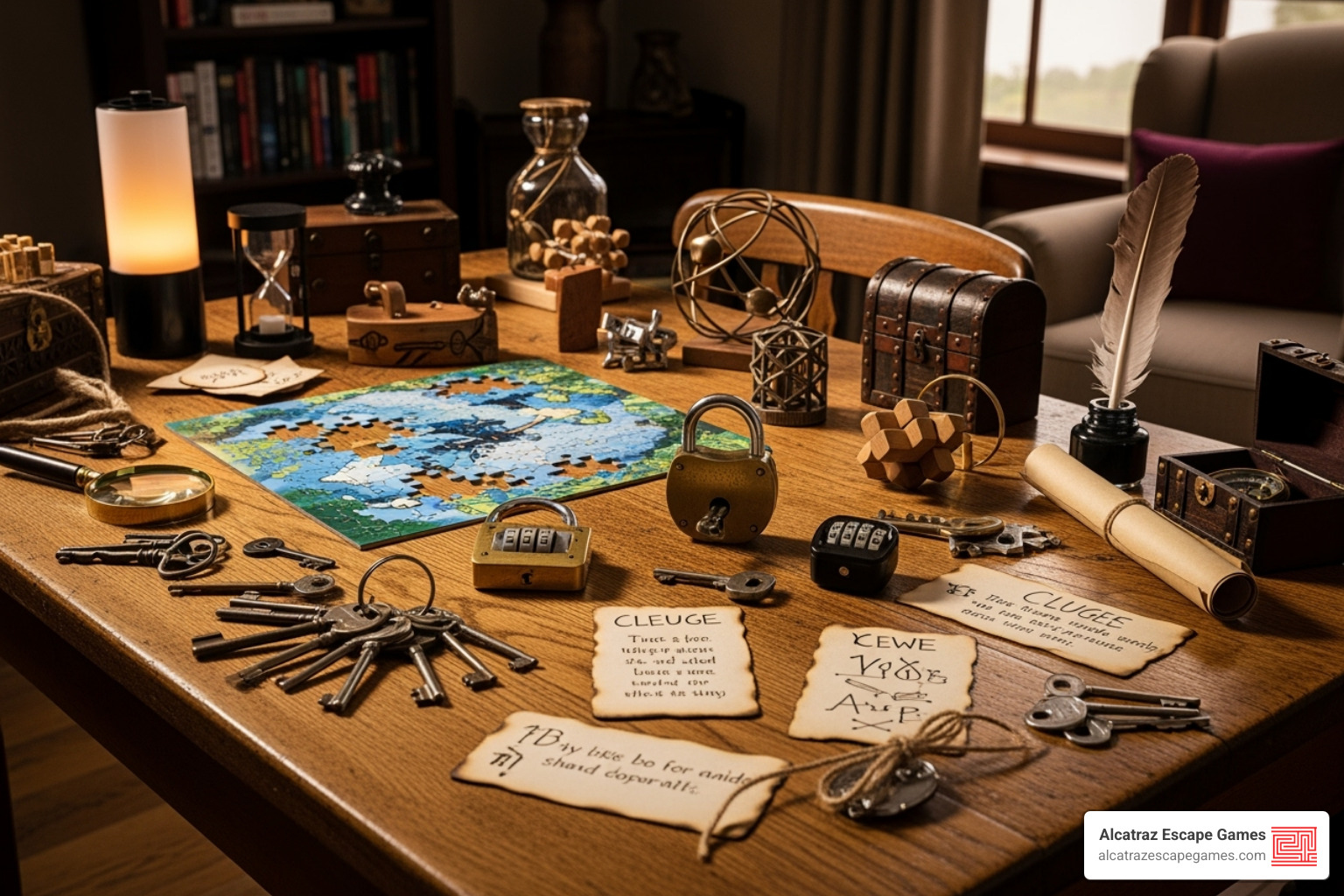 DIY escape room supplies on a table - escape room birthday ideas